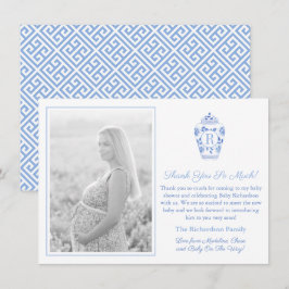 Blå och vit monogram baby shower-bild tack kort