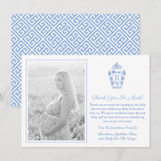 Blå och vit monogram baby shower-bild tack kort
