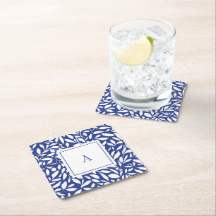 Blå och vit monogram bladmönster underlägg papper kvadrat