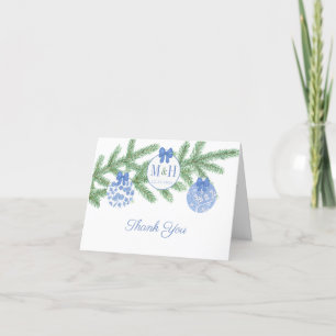 Blå och vit monogram jul Ornament Bröllop Tack Kort