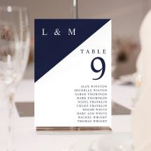 Blå och vit monogram tabellnummer sittplatser