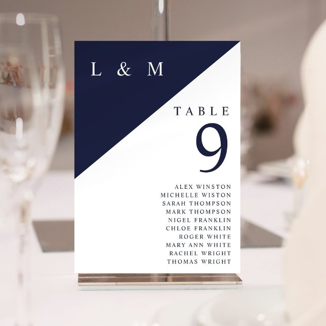 Blå och vit monogram tabellnummer sittplatser (Navy And White Monogram Table Number Seating Chart)