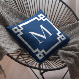Blå och vit monogrammad grekiska Nyckel Gräns Kudde