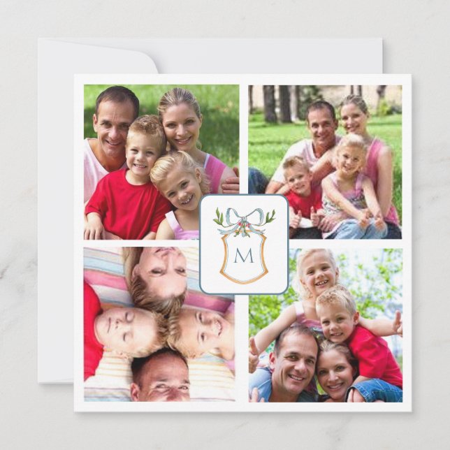 Blå och vit monogrammad vapensköld 4 - foto julkort (Framsida)