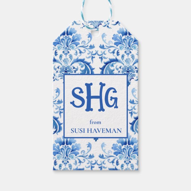 Blå och vit monogrampresentetikett presentetikett (Framsidan)