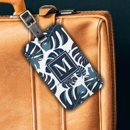 Blå och vit Monstera Löv Monogram Bagagebricka