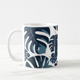 Blå och vit Monstera Löv Monogram Kaffemugg