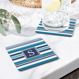 Blå och vit multipla Rand-monogram Underlägg Papper Kvadrat