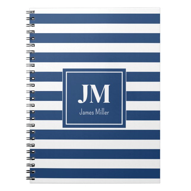 Blå och vit Nautical Rand Monogram Anteckningsbok (Framsidan)