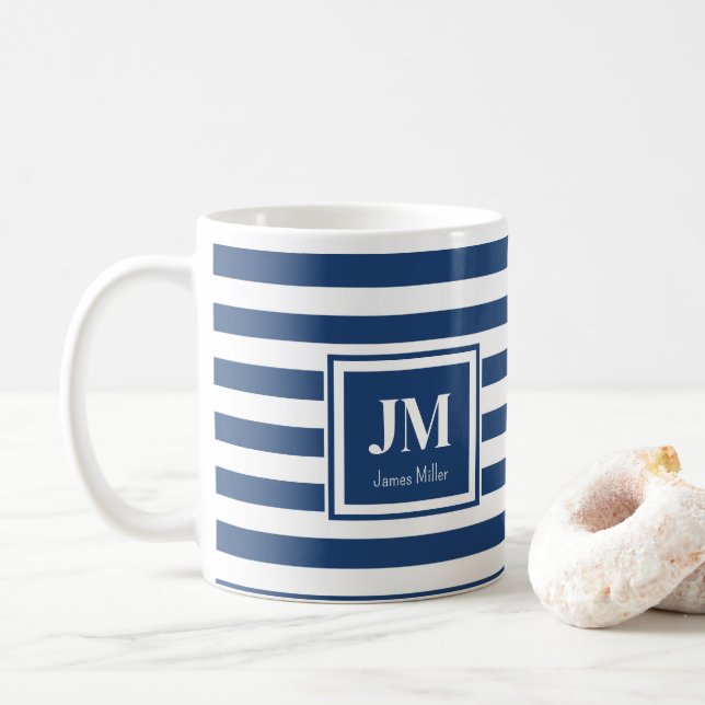 Blå och vit Nautical Rand Monogram Kaffemugg (Med munk)