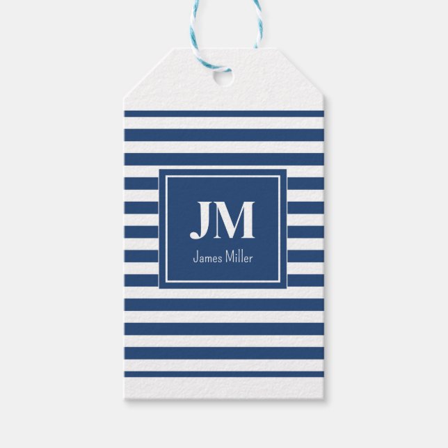 Blå och vit Nautical Rand Monogram Presentetikett (Framsidan)
