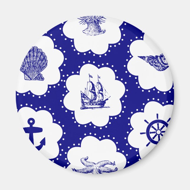 Blå och vit Nautisk Mönster Magnet (Framsidan)
