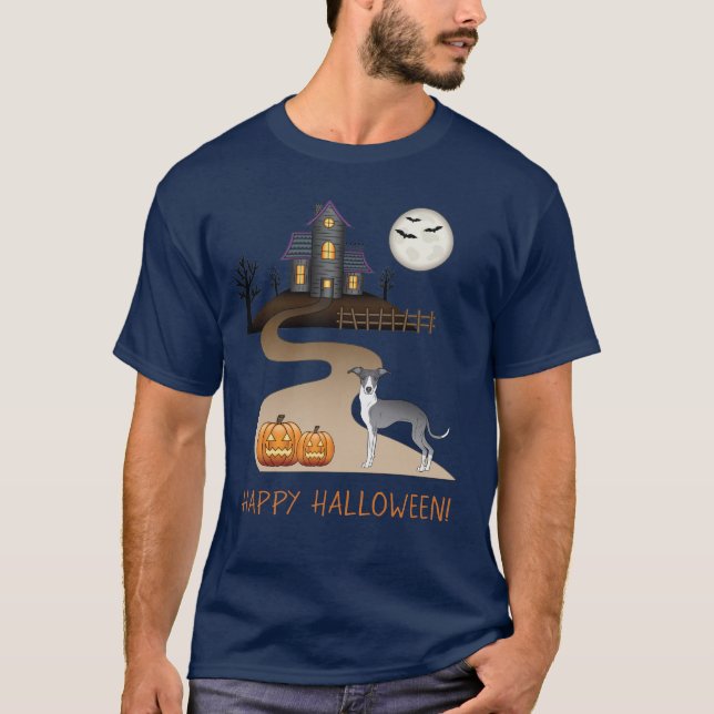 Blå och vit ojust och halloween hemsökt hus t shirt (Framsida)