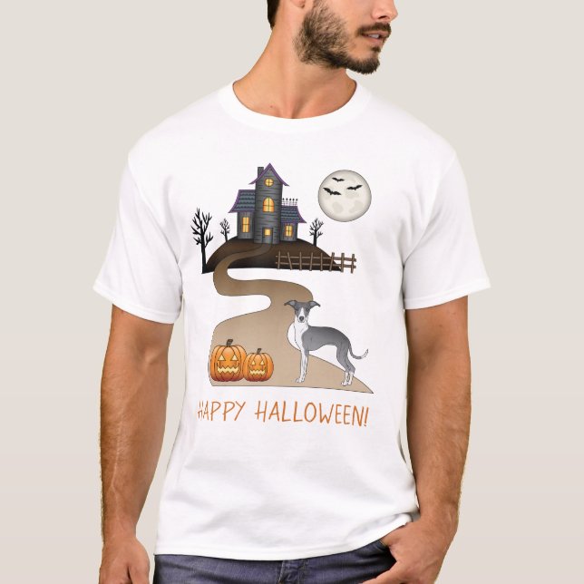 Blå och vit ojust och halloween hemsökt hus t shirt (Framsida)