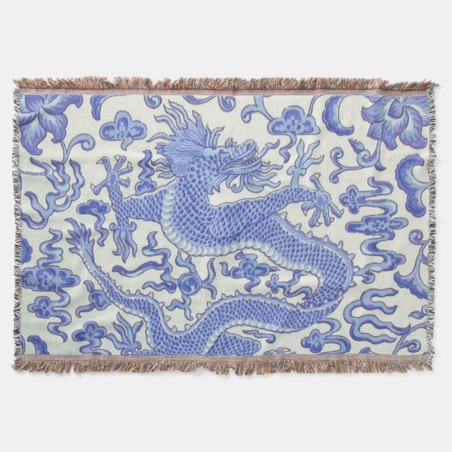 Blå och vit orientalisk drakons Blommigt Filt (Framsidan)