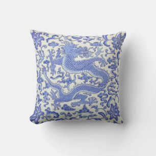 Blå och vit orientalisk drakons Blommigt Kudde