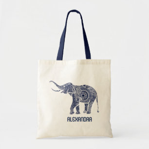 Blå och vit Ornate Swirls Elephant Monogram Tygkasse