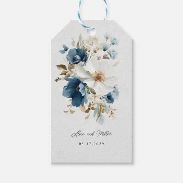 Blå och vit Painterly Blommigt Bröllop Presentetikett (Framsidan)