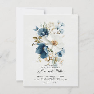 Blå och vit Painterly Blommigt Bröllop Vykort