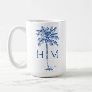 Blå och vit palm palmetto träd monogram kaffemugg
