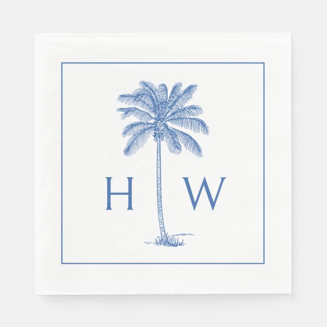 Blå och vit palm palmetto trädmonogram pappersservett (Framsidan)