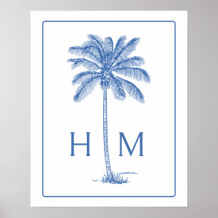 Blå och vit palmpalmettoträdmonogram poster