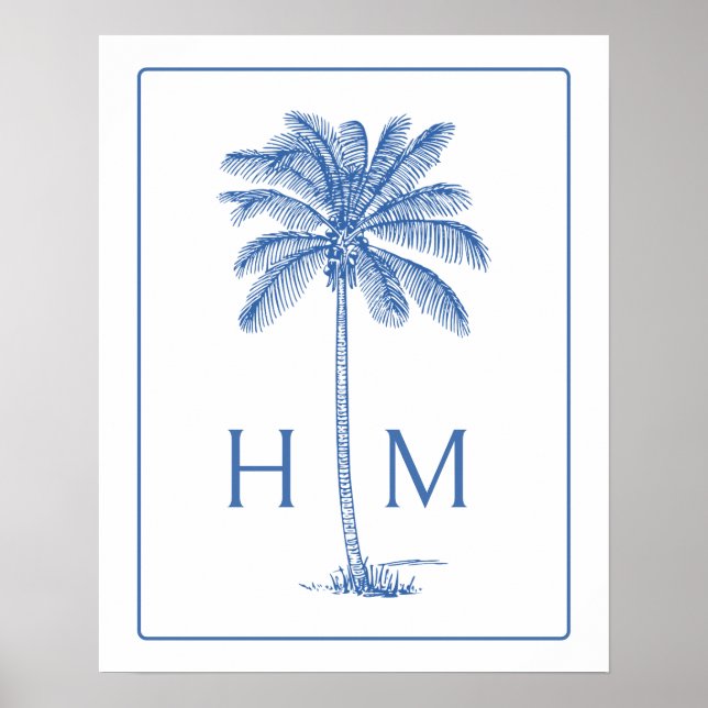Blå och vit palmpalmettoträdmonogram poster (Framsidan)
