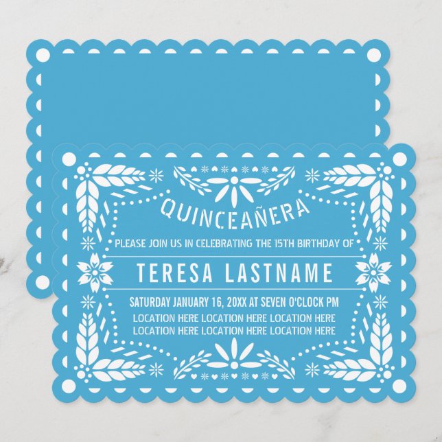 Blå och vit papel picado Quinceañera Inbjudningar (Fram/baksida)