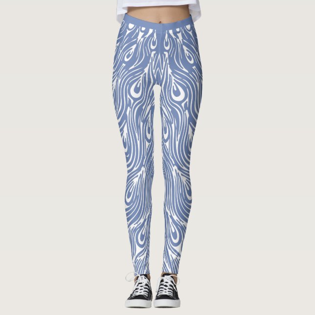 Blå och vit peacock-design leggings (Framsida)