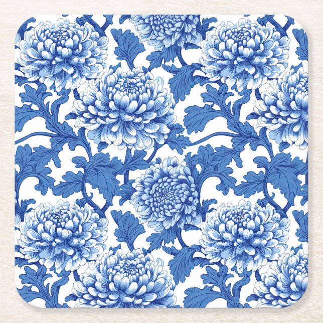 Blå och vit pioen kinesisk blomsterstil underlägg papper kvadrat (Framsidan)