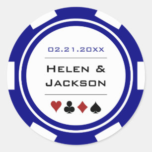 Blå och vit Poker Chip Casino Bröllop Runt Klistermärke