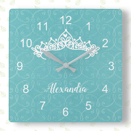 Blå och vit prinsessan Tiara Wall Clock Fyrkantig Klocka