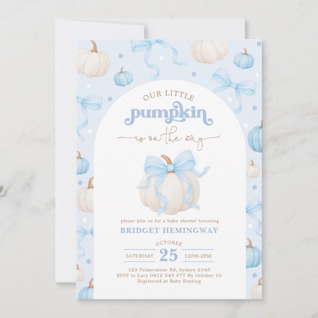Blå och vit pumpgubbe baby shower inbjudningar (Framsida)
