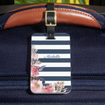 Blå och vit rand-bagagemärke med monogrammet