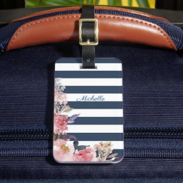 Blå och vit rand-bagagemärke med monogrammet bagagebricka