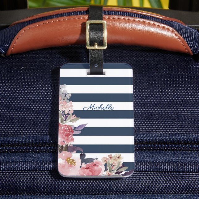 Blå och vit rand-bagagemärke med monogrammet bagagebricka (Framsida Insitu 2)