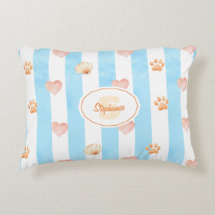 Blå och vit Rand - Hjärter, Blåutskrift, Snäcka Prydnadskudde