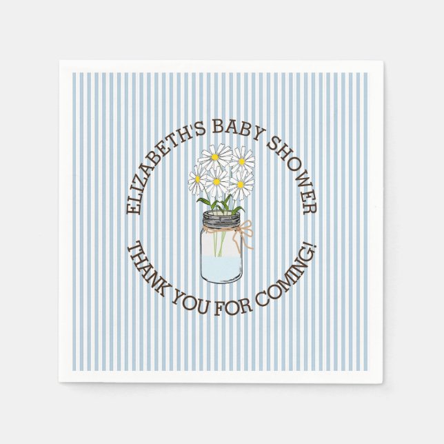 Blå och vit Rand med Mason Burk Baby Shower Pappersservett (Framsidan)