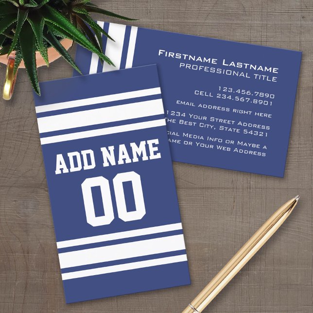 Blå och vit Rand med Namn och nummer Visitkort (Custom Business Card Template)