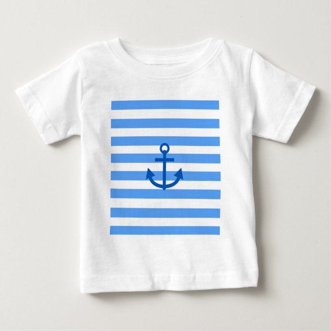 Blå och vit Rand Mönster med ankor T Shirt (Framsida)