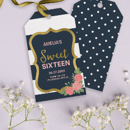 Blå och vit Rand,  Rosa ros, sötad 16 Presentetikett