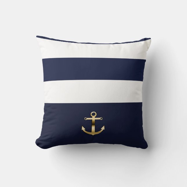 Blå och vit randig guldankare nautisk chic kudde (Framsida)