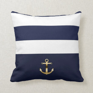 Blå och vit randig guldankare nautisk chic kudde