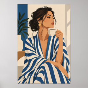 Blå och vit randig kvinna med kaffe Modern Wa Poster