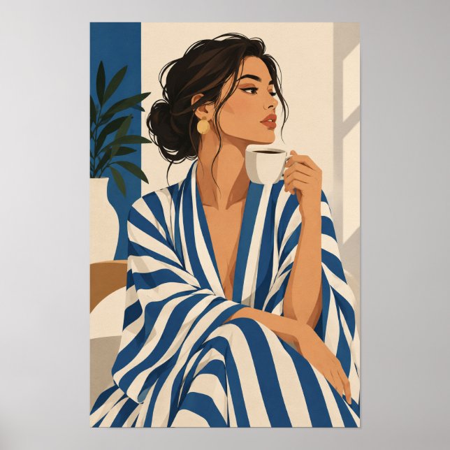 Blå och vit randig kvinna med kaffe Modern Wa Poster (Framsidan)