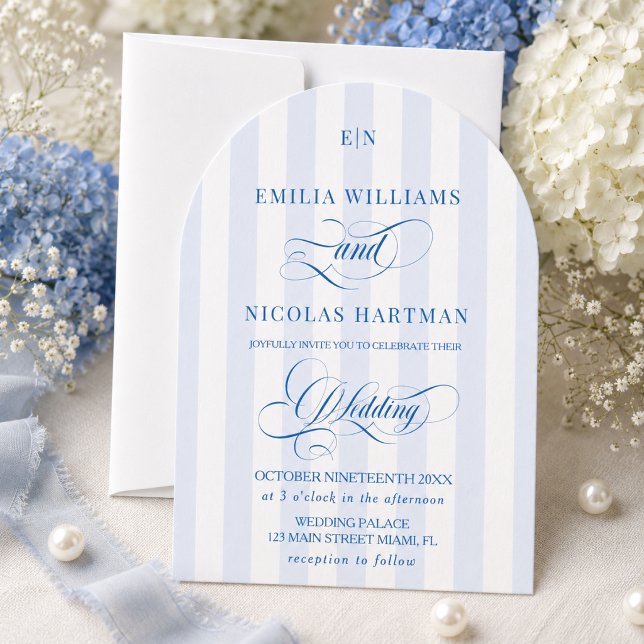 Blå och vit randig monogram bröllop inbjudningar (Skapare uppladdad)