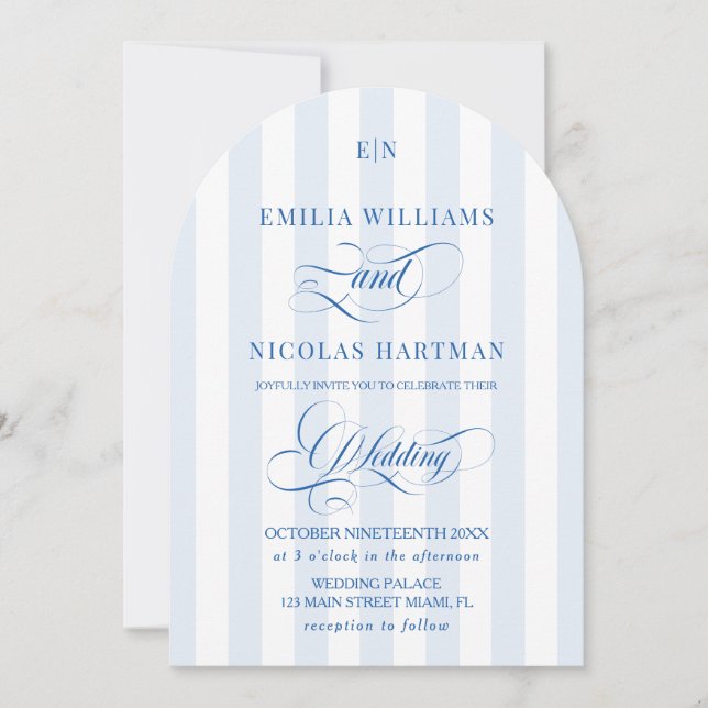 Blå och vit randig monogrambröllop inbjudningar (Framsida)