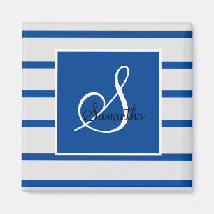 Blå och vit, randig monogrammagnet magnet
