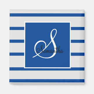 Blå och vit, randig monogrammagnet magnet