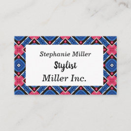 Blå och vit romb och röda cirklar visitkort